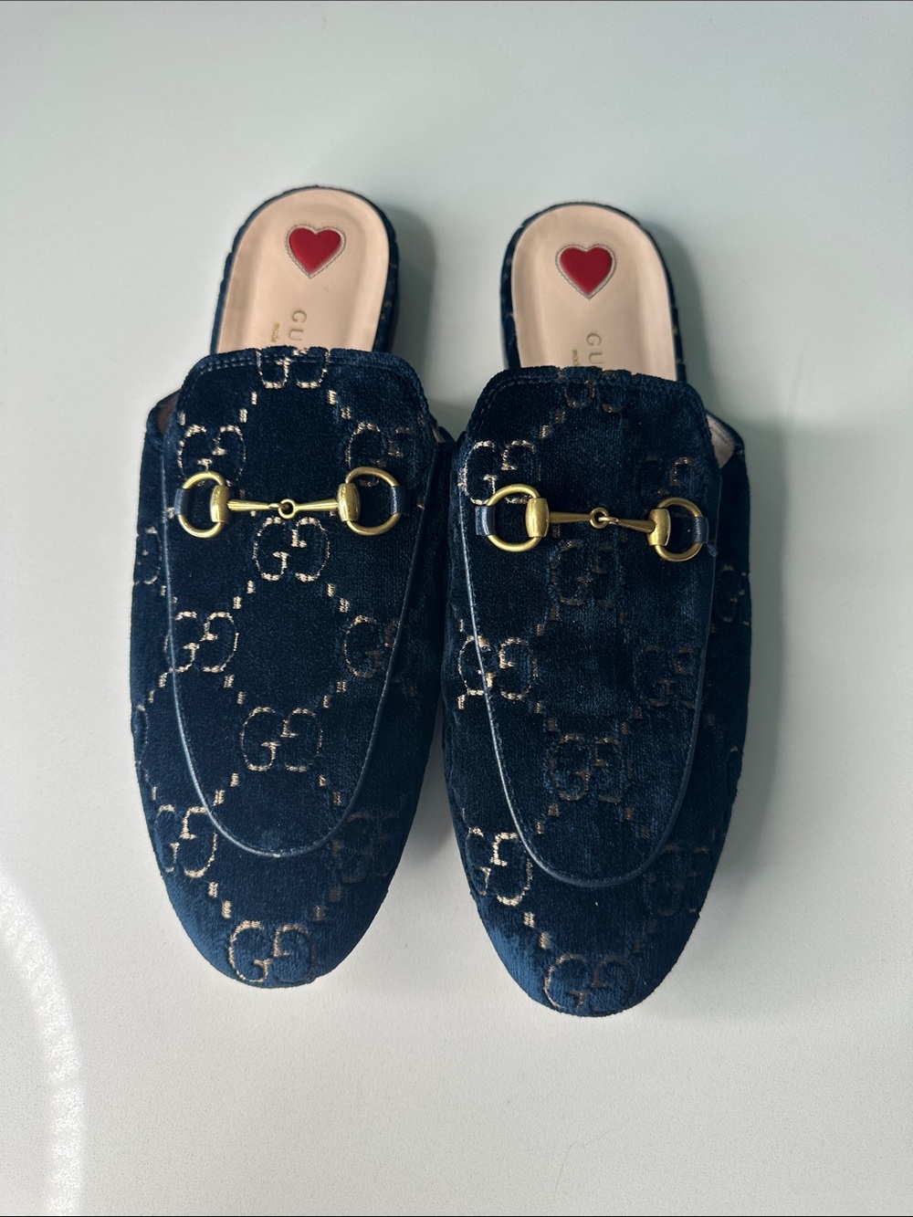 Gucci Navy Velvet GG Jacquard Horsebit Mules